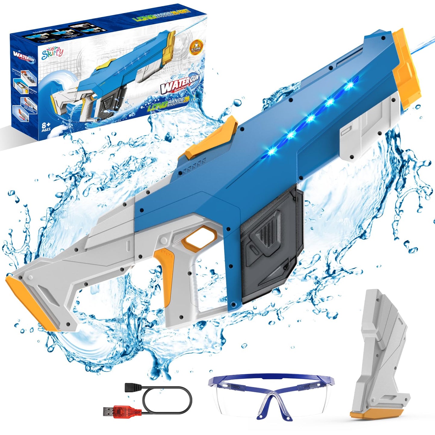 Skirfy Electric Water Gun for Adults & Kids – 32 ft Range, Automatic Suction, Light Effects (Blue)