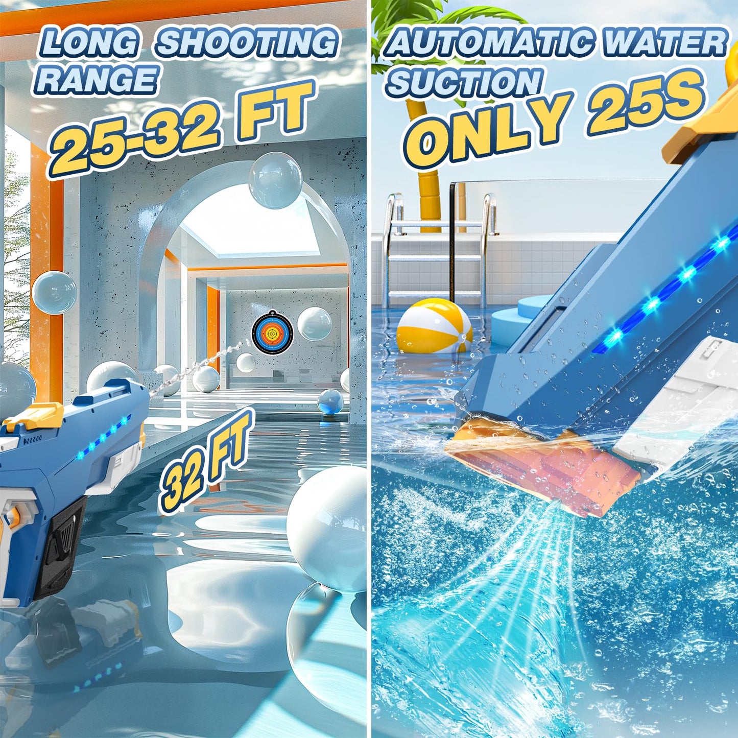 Skirfy Electric Water Gun for Adults & Kids – 32 ft Range, Automatic Suction, Light Effects (Blue)