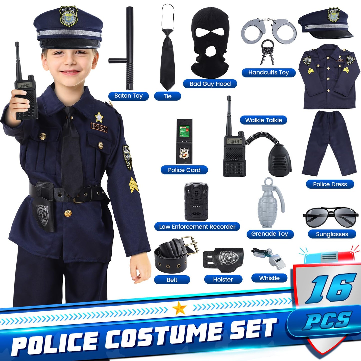 Skirfy 16PCS Kids Police Costume Set – Police Officer Dress-Up Kit