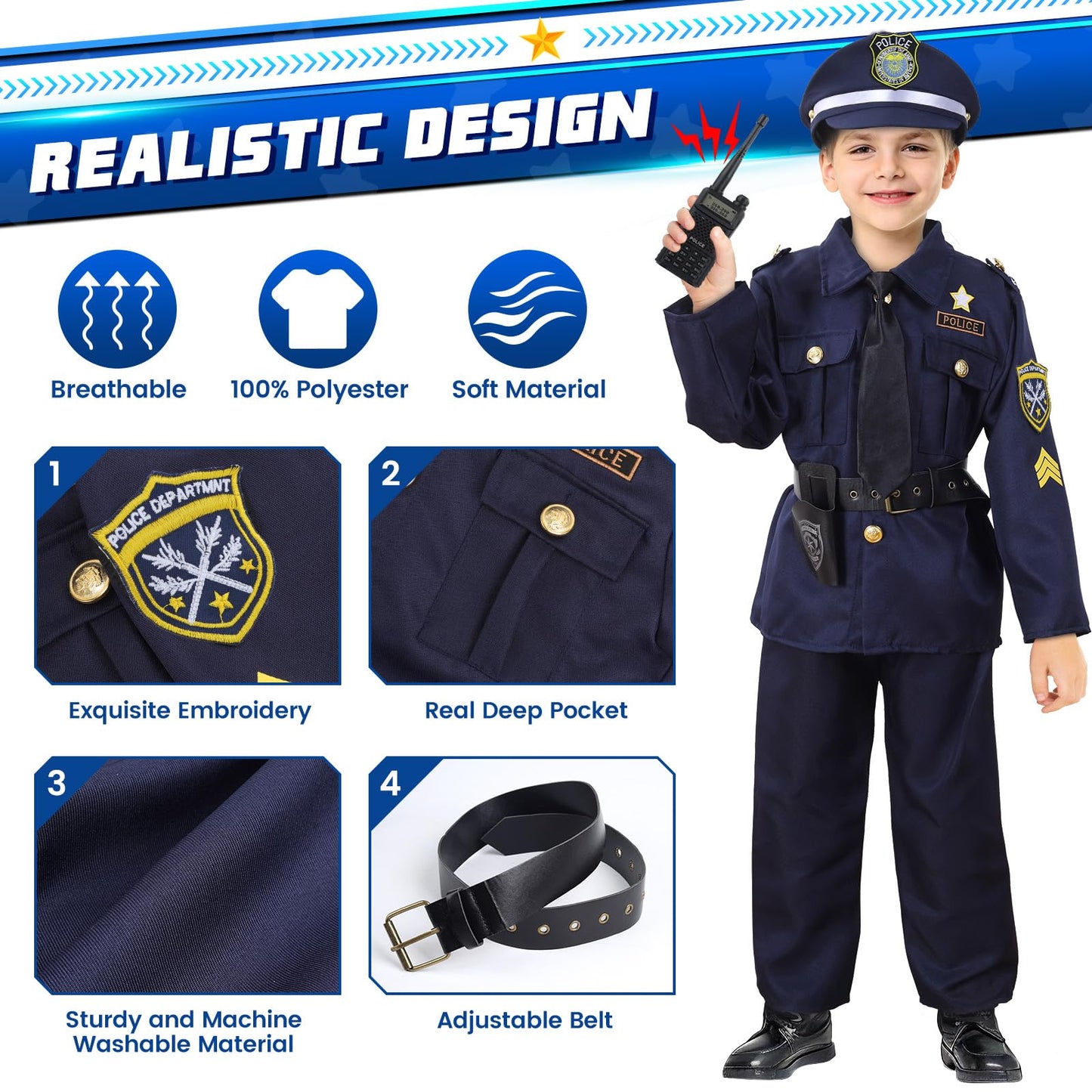 Skirfy 16PCS Kids Police Costume Set – Police Officer Dress-Up Kit