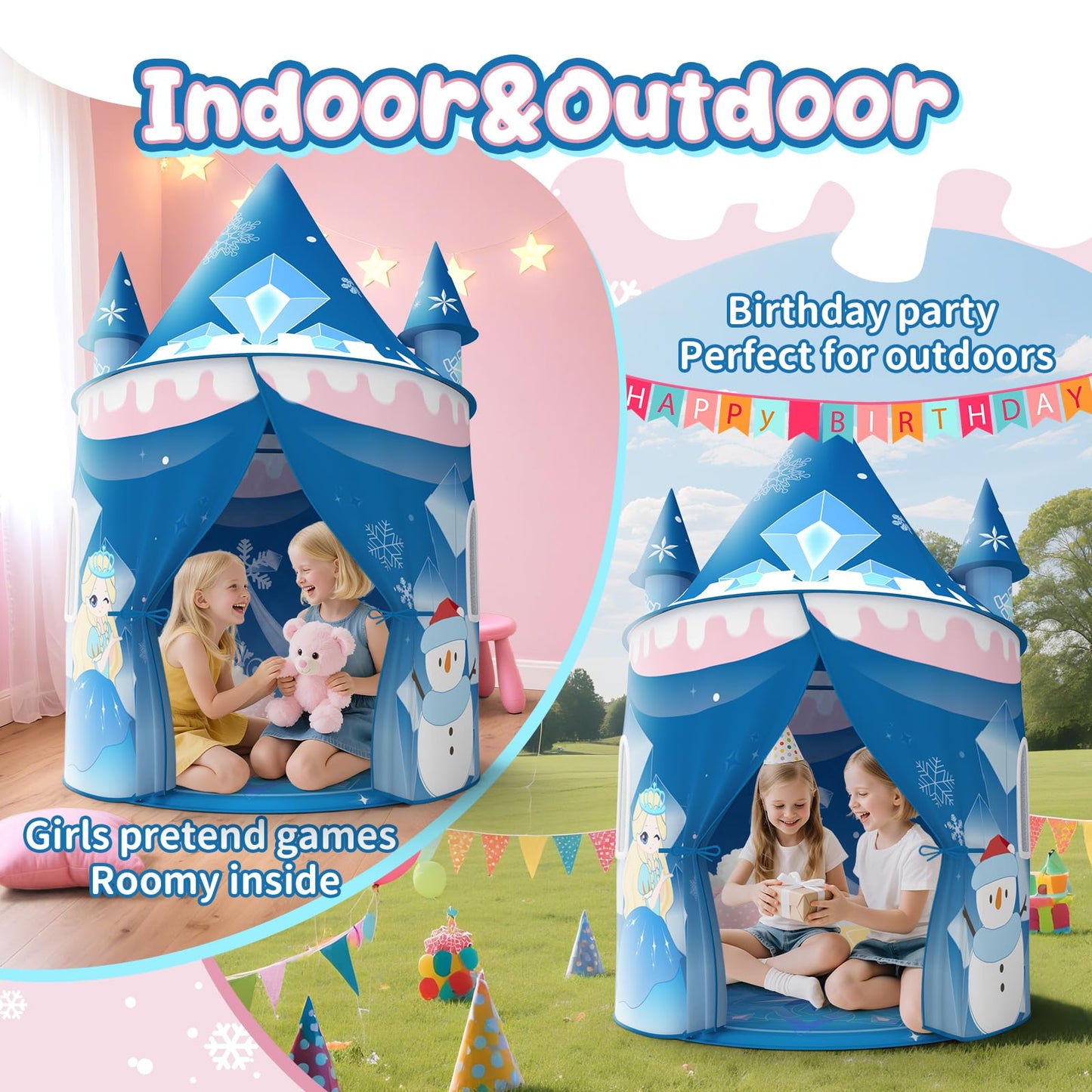 Skirfy Princess Play Tent - Frozen Ice Castle for Girls 3+ | Indoor & Outdoor Toy, 64.2 x 41.3 x 41.3 in