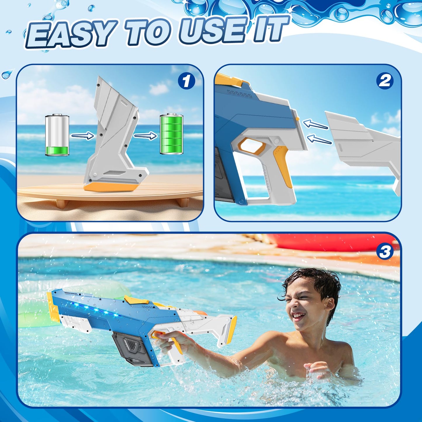 Skirfy Electric Water Gun for Adults & Kids – 32 ft Range, Automatic Suction, Light Effects (Blue)