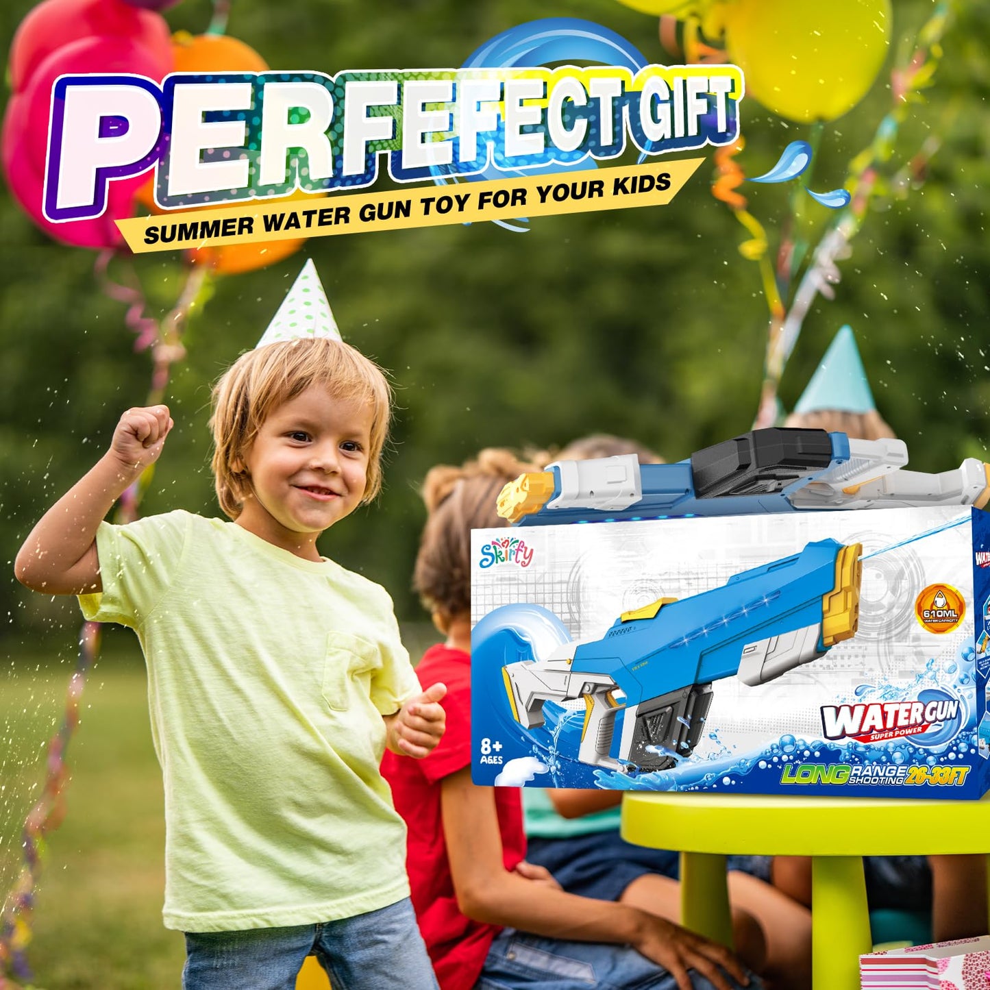 Skirfy Electric Water Gun for Adults & Kids – 32 ft Range, Automatic Suction, Light Effects (Blue)