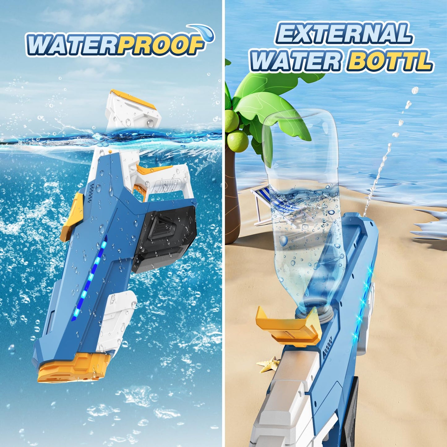 Skirfy Electric Water Gun for Adults & Kids – 32 ft Range, Automatic Suction, Light Effects (Blue)