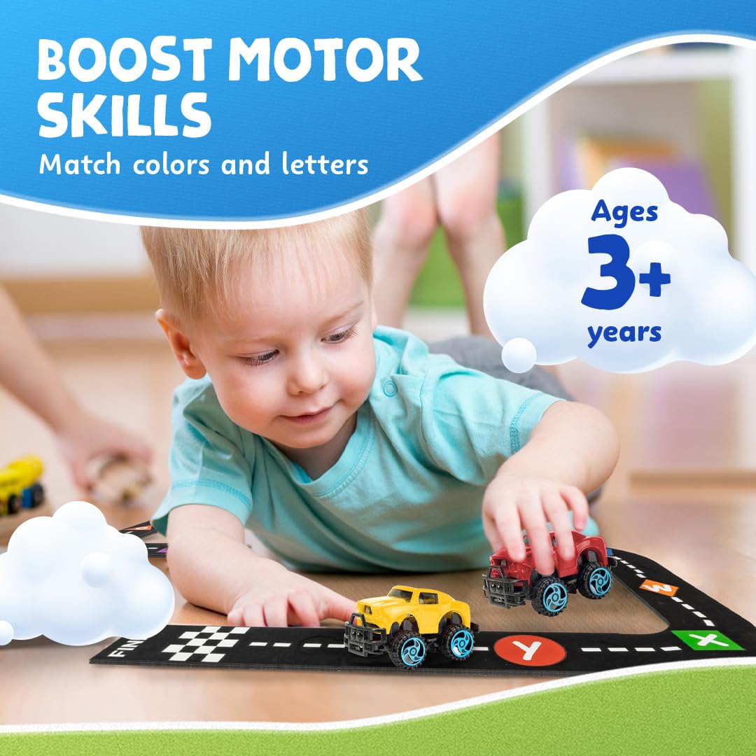 Skoolzy 36-Piece Alphabet Cars with Felt Track – ABC Learning Toys for Preschoolers