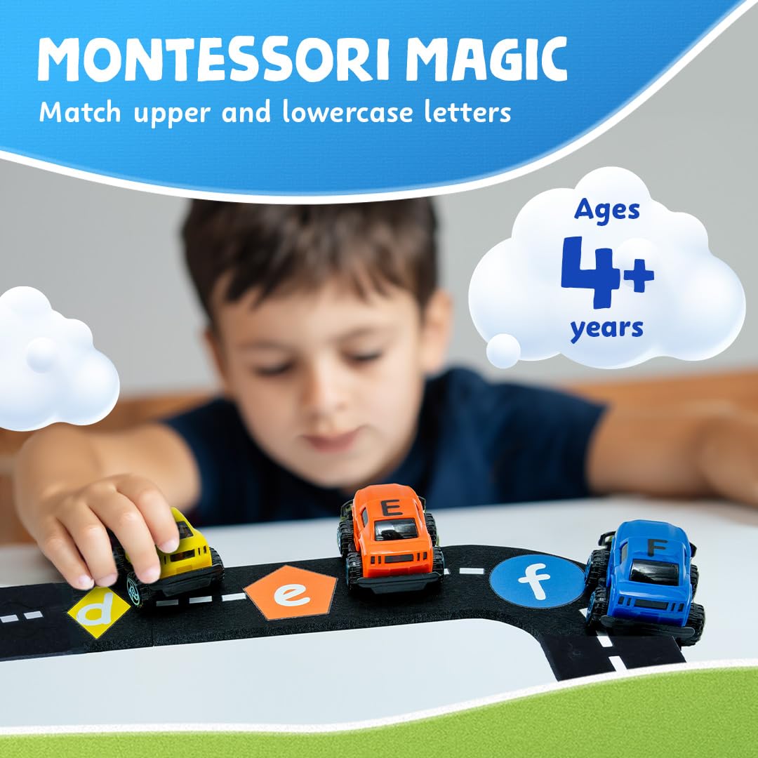Skoolzy 36-Piece Alphabet Cars with Felt Track – ABC Learning Toys for Preschoolers
