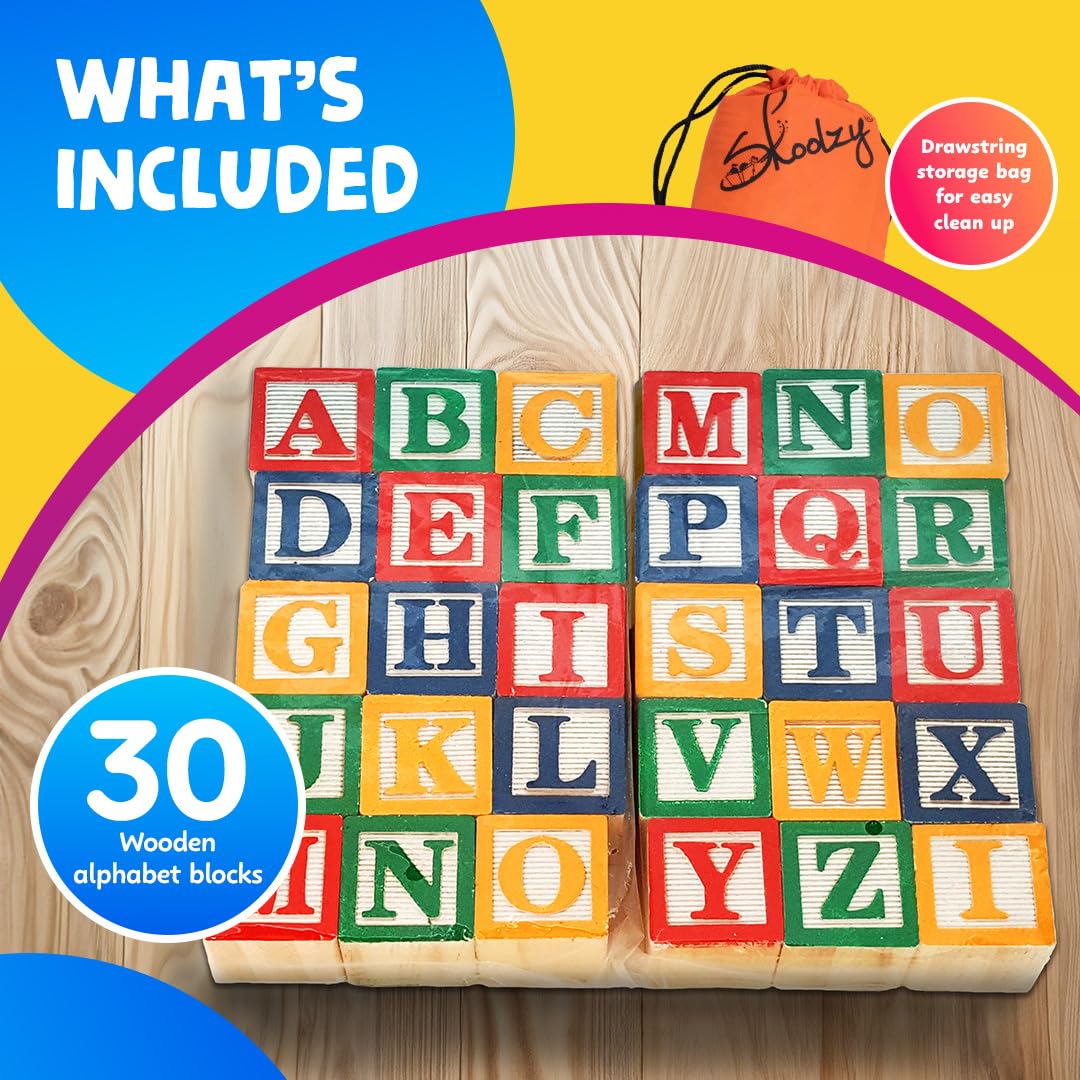 Skoolzy 30 PCS Baby Blocks – Wooden Alphabet Blocks for Toddlers 2–5 | Learning & Building Toys