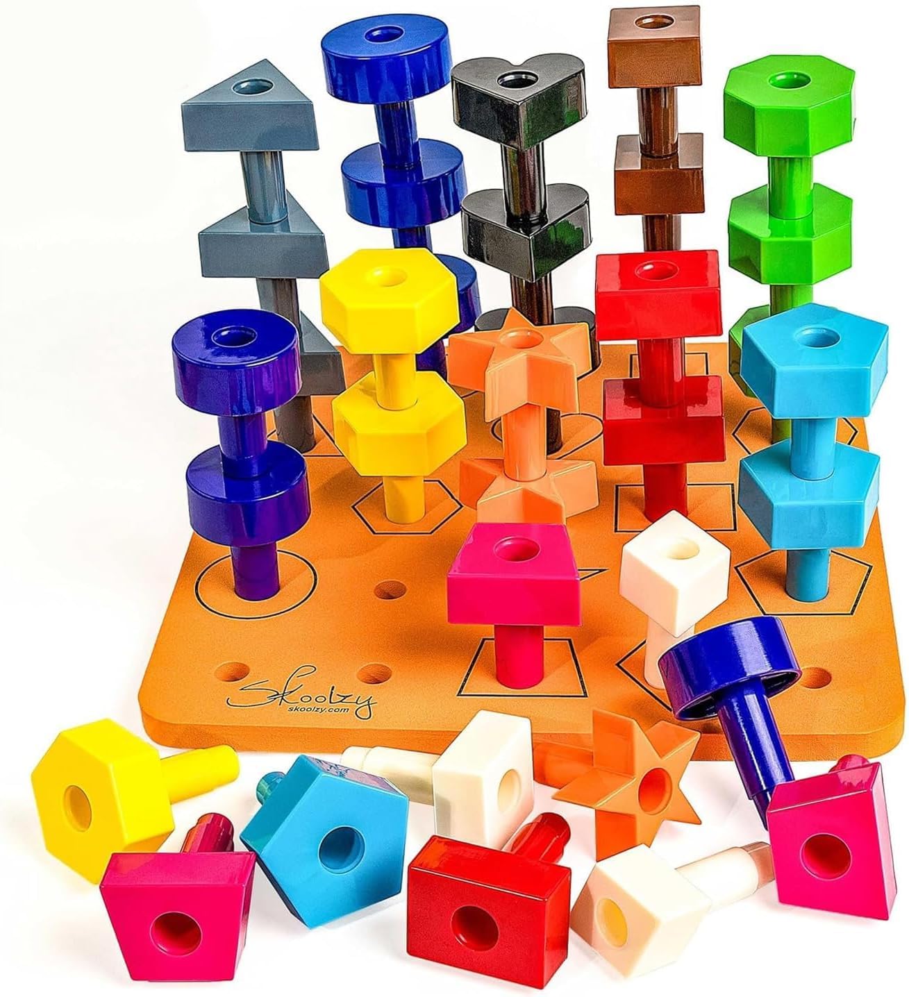 Skoolzy Peg Board Set – Montessori Toys for Toddlers, 38-Piece Plastic Peg Board with Shapes & Storage Bag