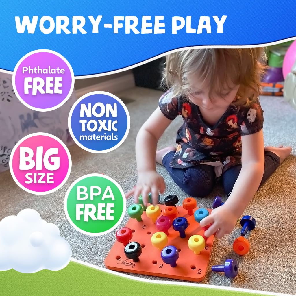 Skoolzy Peg Board Set - Montessori Toys for 2 Year Olds | 33-Pc Peg Board, Dice, Lacing String & Storage Bag