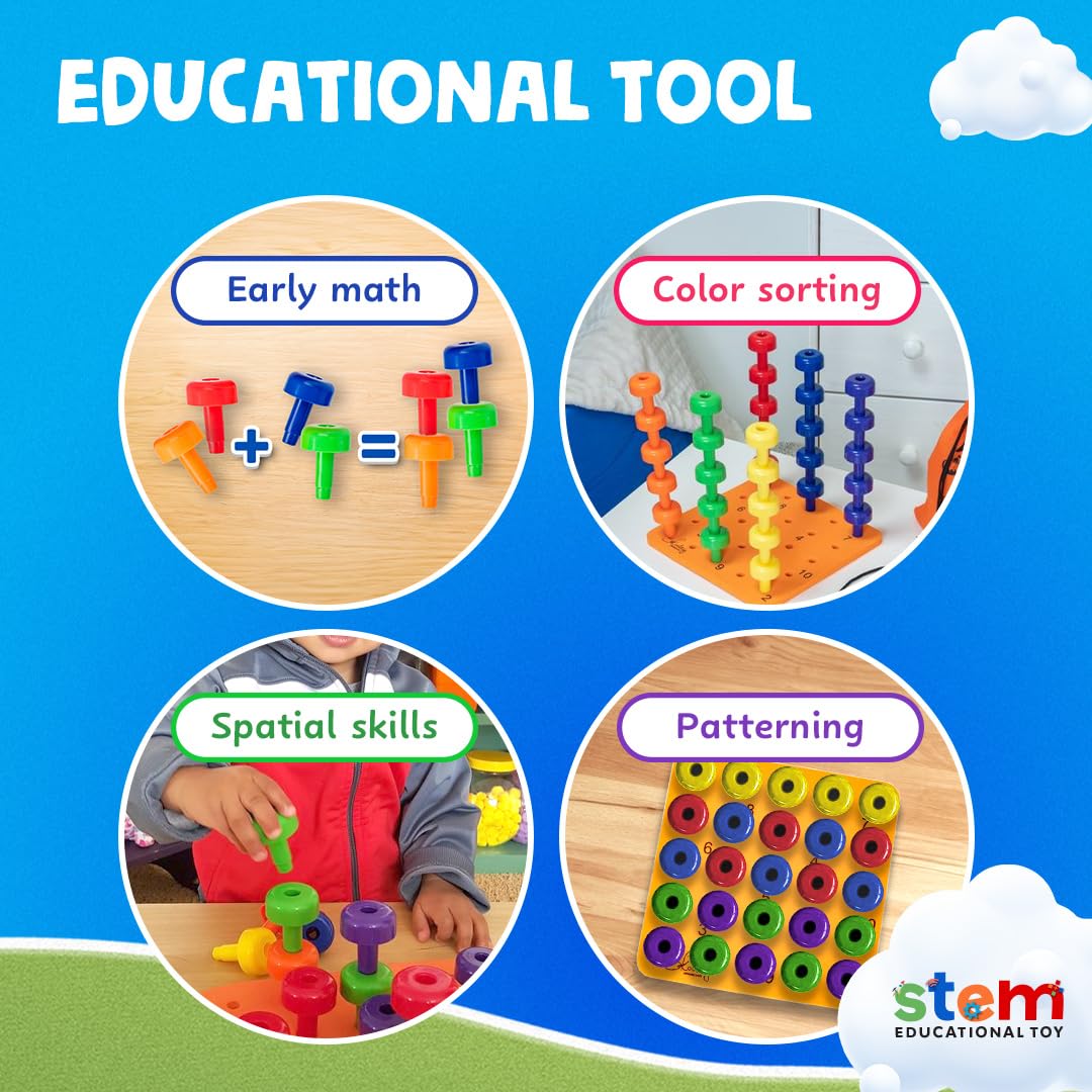 Skoolzy Peg Board Set - Montessori Toys for 2 Year Olds | 33-Pc Peg Board, Dice, Lacing String & Storage Bag