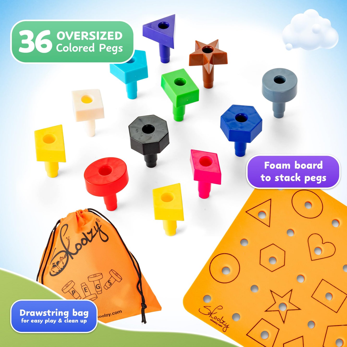 Skoolzy Peg Board Set – Montessori Toys for Toddlers, 38-Piece Plastic Peg Board with Shapes & Storage Bag