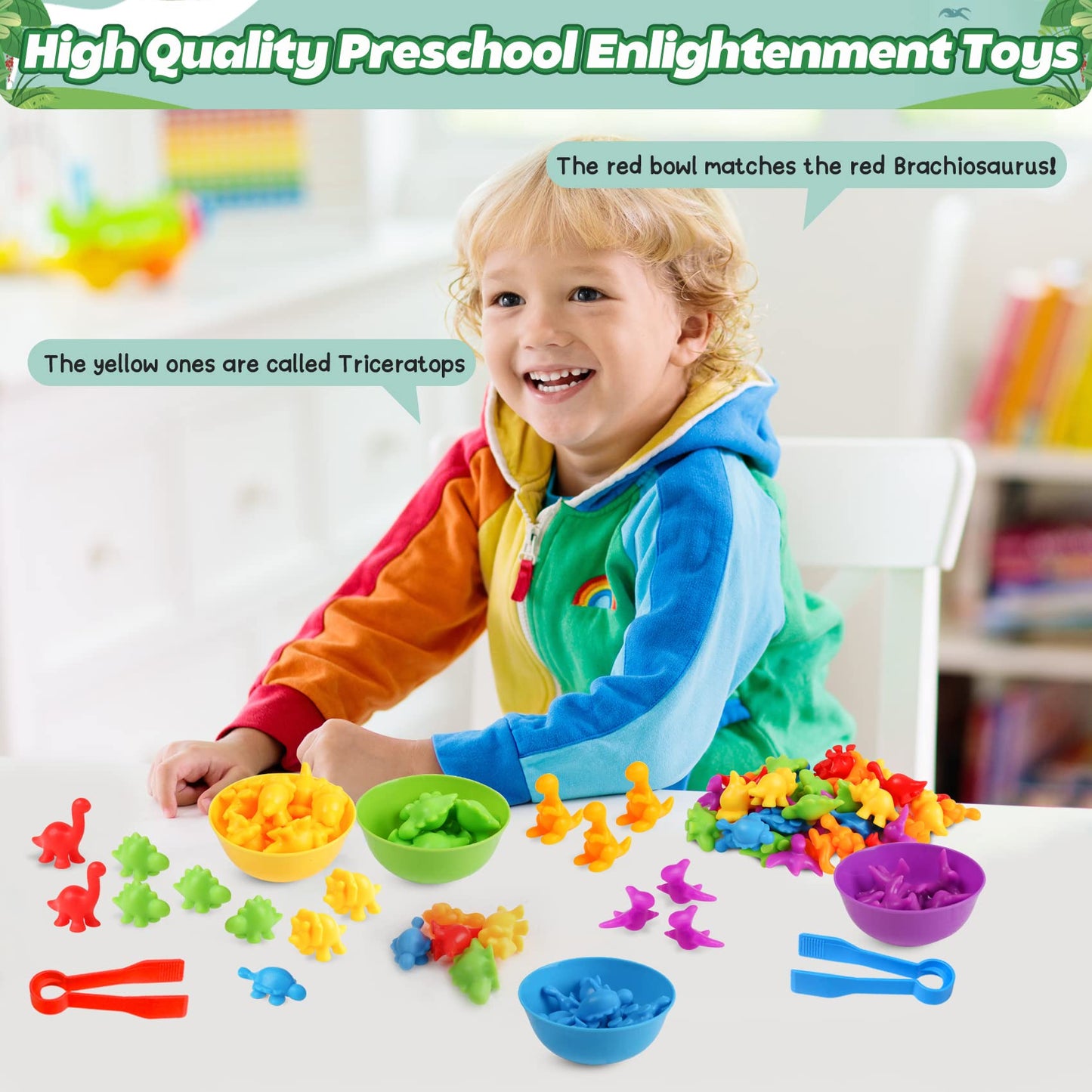 Skrtuan Counting Dinosaur Matching Toys with Sorting Bowls – Montessori Preschool Learning