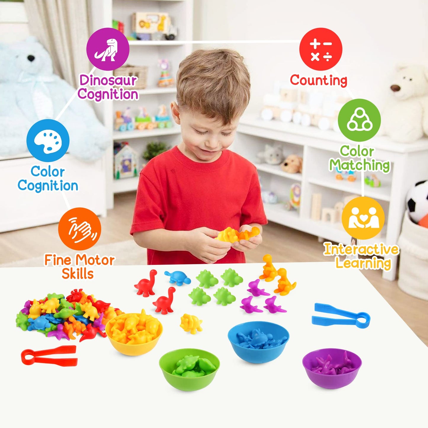 Skrtuan Counting Dinosaur Matching Toys with Sorting Bowls – Montessori Preschool Learning