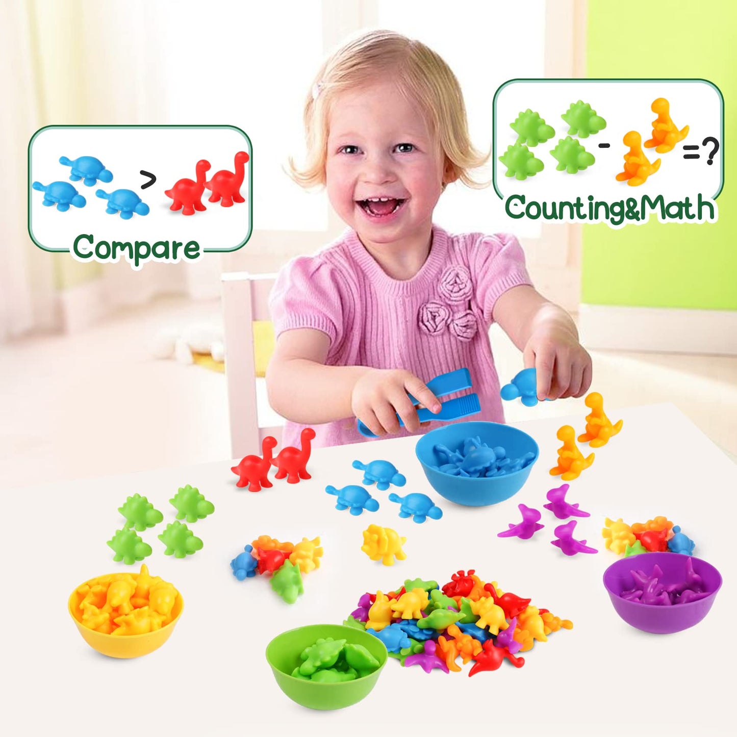 Skrtuan Counting Dinosaur Matching Toys with Sorting Bowls – Montessori Preschool Learning
