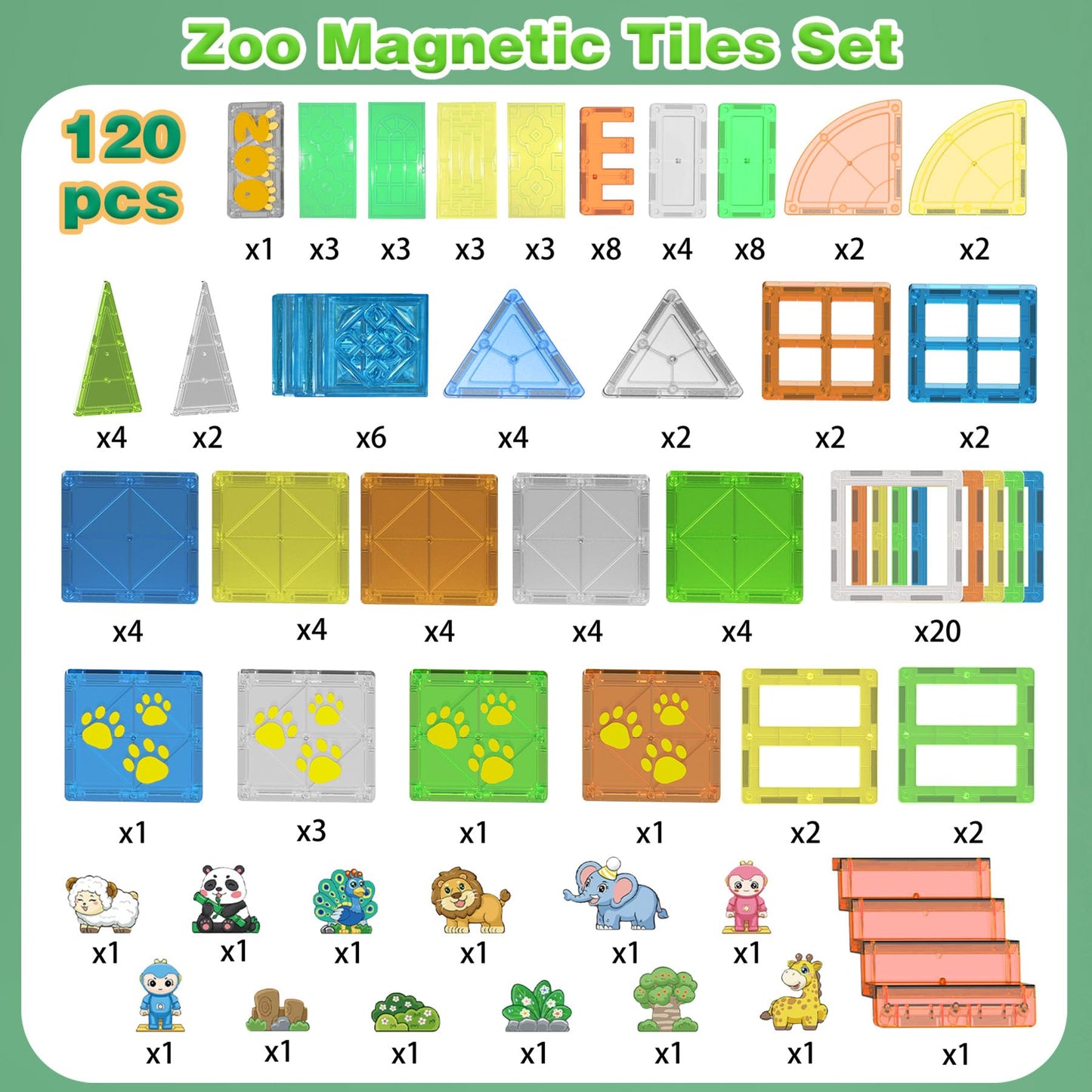 SKTMYY Magnetic Zoo Tiles – 120-Piece STEM Building Set for Kids 3+