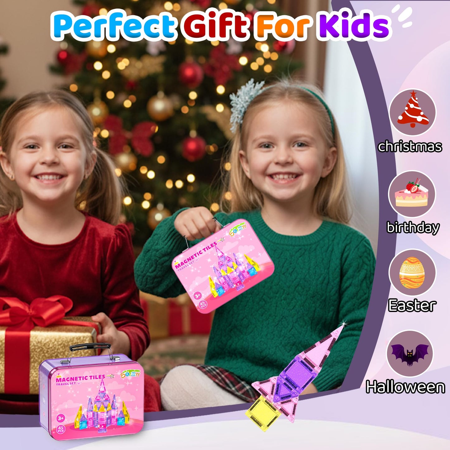 SKTMYY Travel Magnetic Tiles Set for Girls – Pink Portable Tile Toy with Iron Case