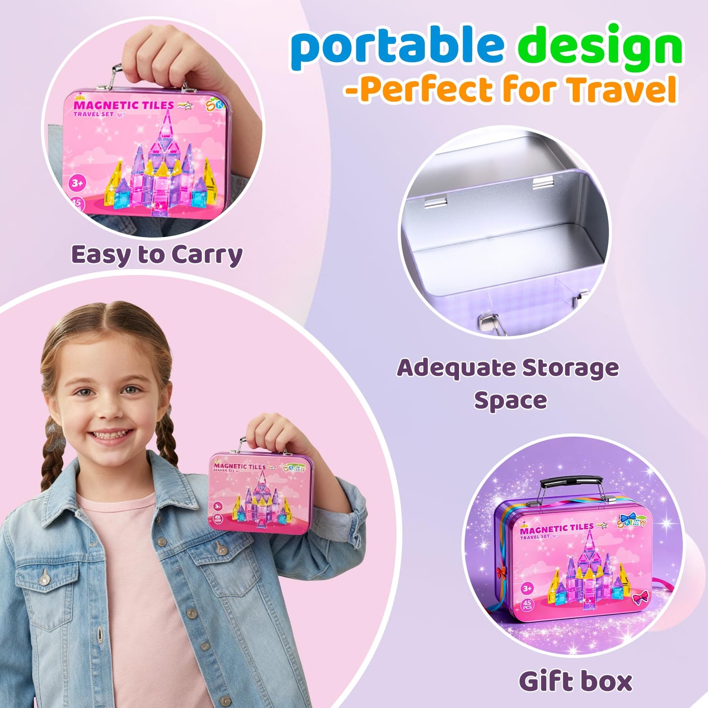 SKTMYY Travel Magnetic Tiles Set for Girls – Pink Portable Tile Toy with Iron Case