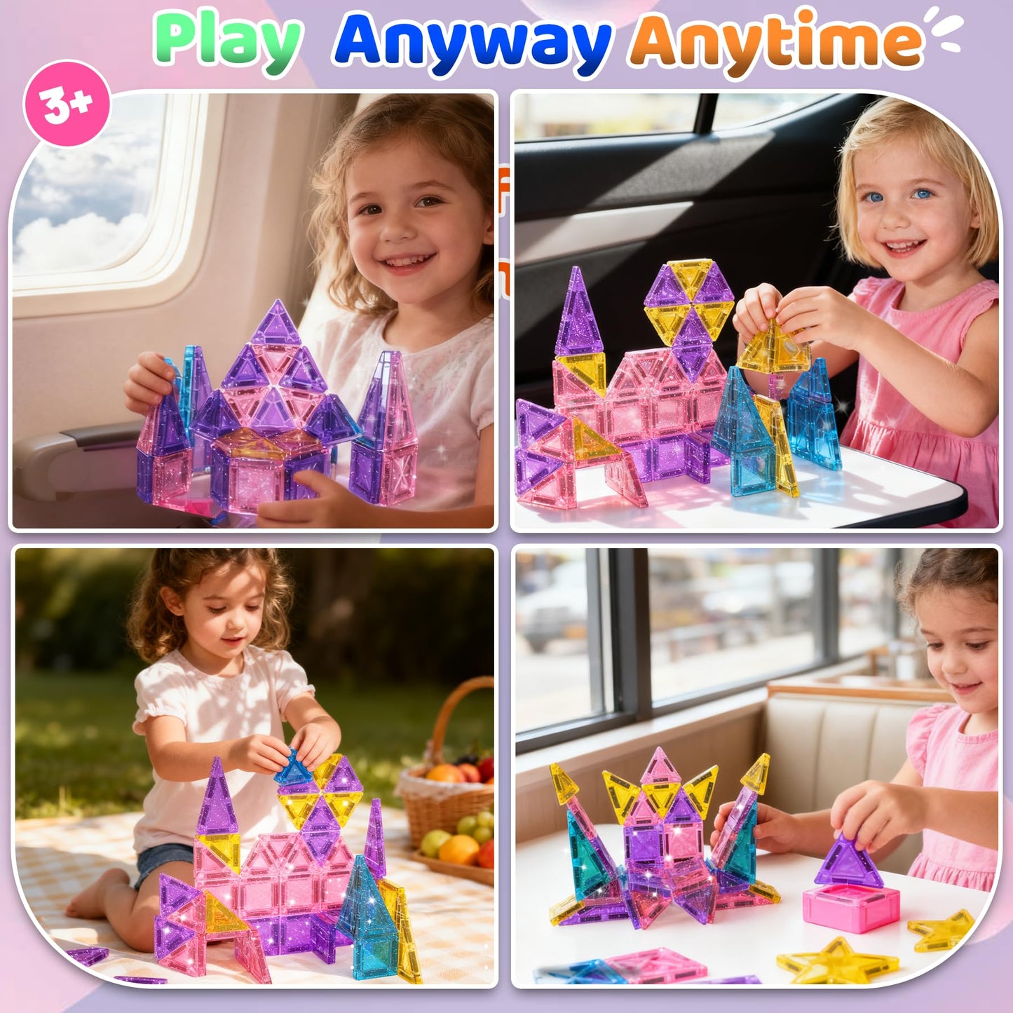 SKTMYY Travel Magnetic Tiles Set for Girls – Pink Portable Tile Toy with Iron Case
