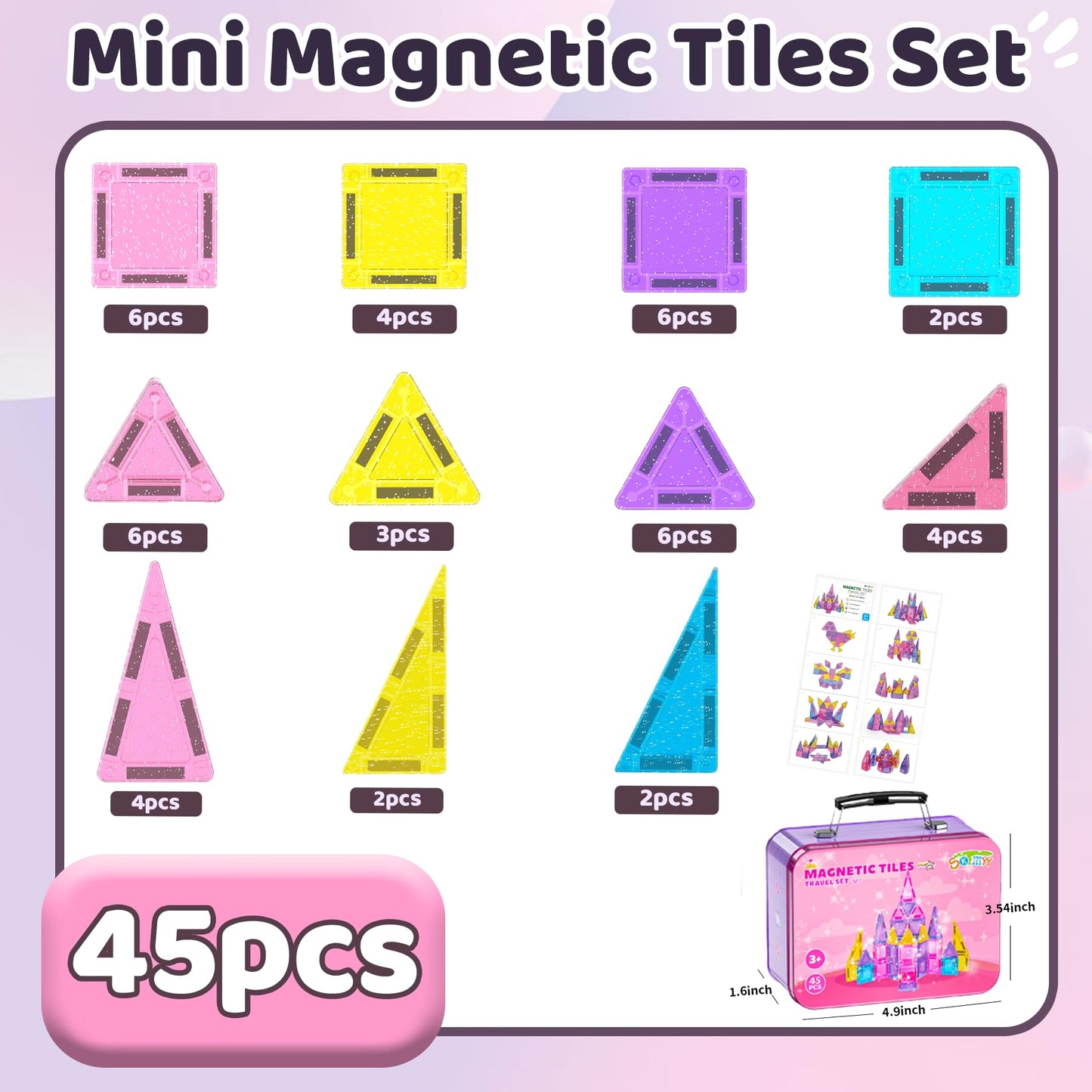 SKTMYY Travel Magnetic Tiles Set for Girls – Pink Portable Tile Toy with Iron Case