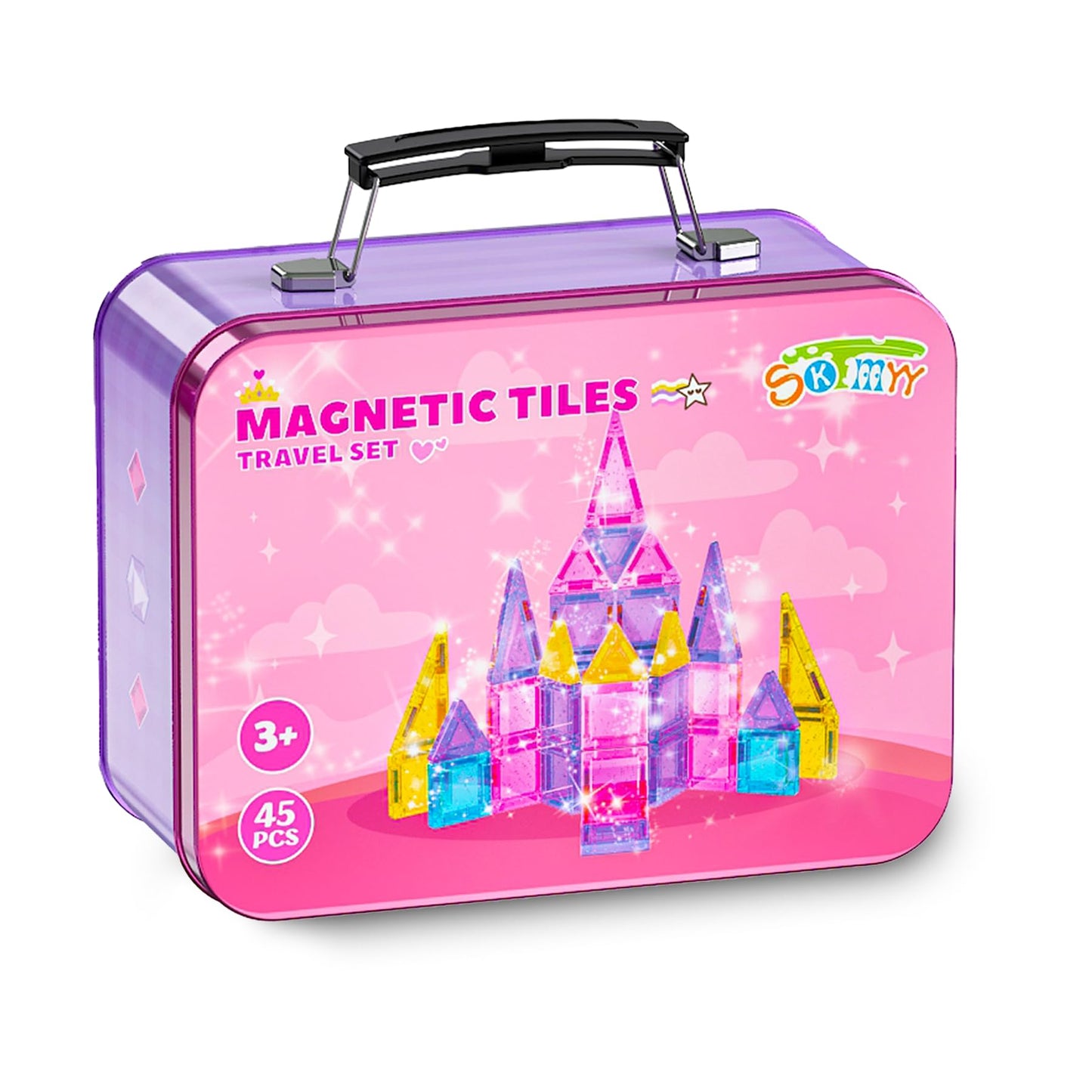 SKTMYY Travel Magnetic Tiles Set for Girls – Pink Portable Tile Toy with Iron Case