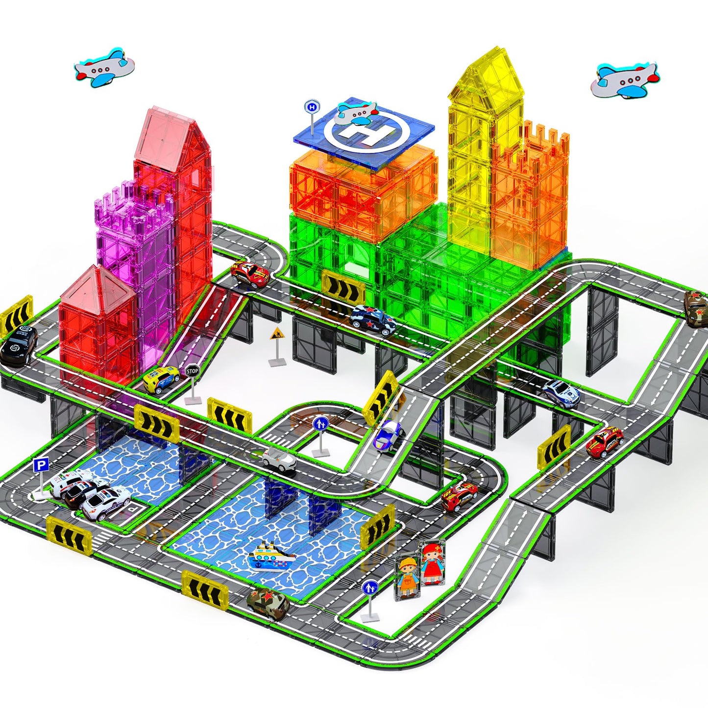SKTMYY 121PCS Magnetic Tiles Road Set with Pullback Cars | STEM Building Toys for Kids 3-8