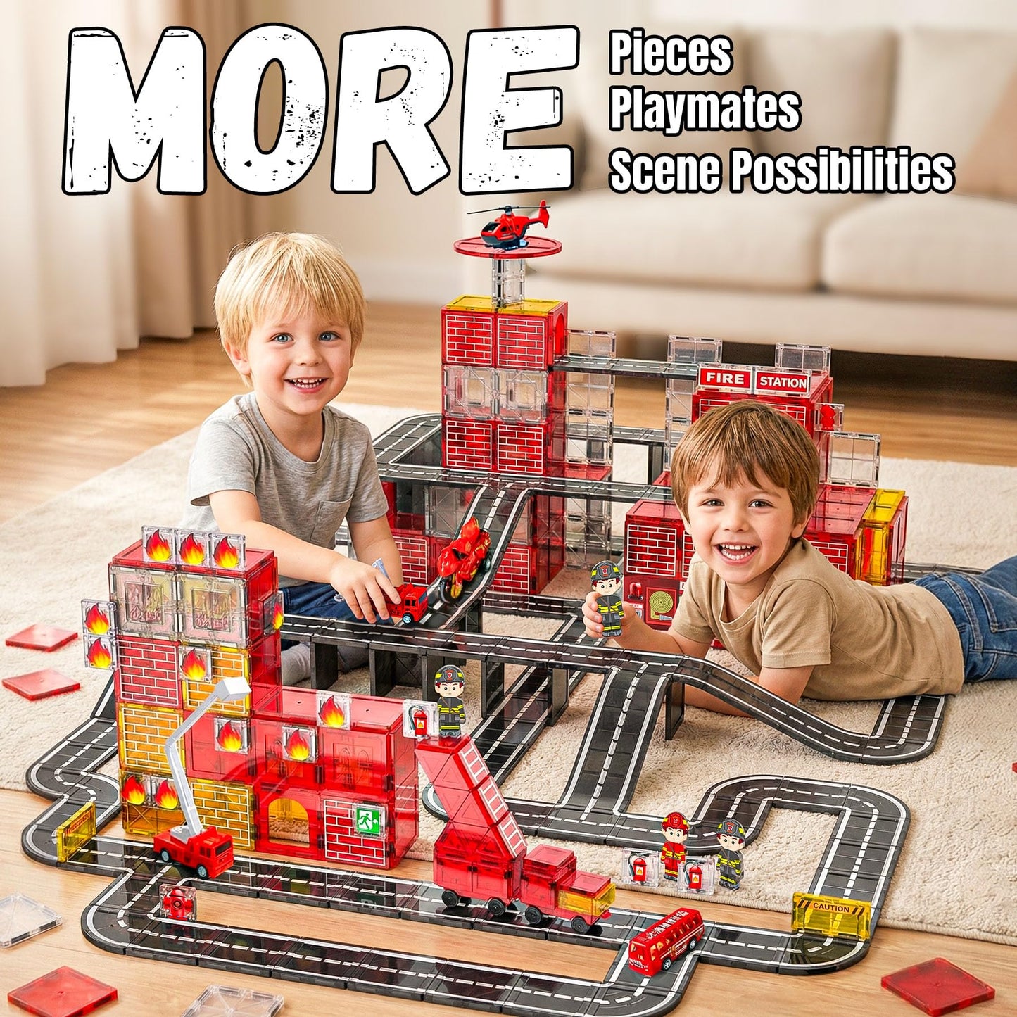 SKTMYY 141PCS Fire Rescue Magnetic Tiles – Fire Station & Vehicles STEM Building Toys for Kids 4-8