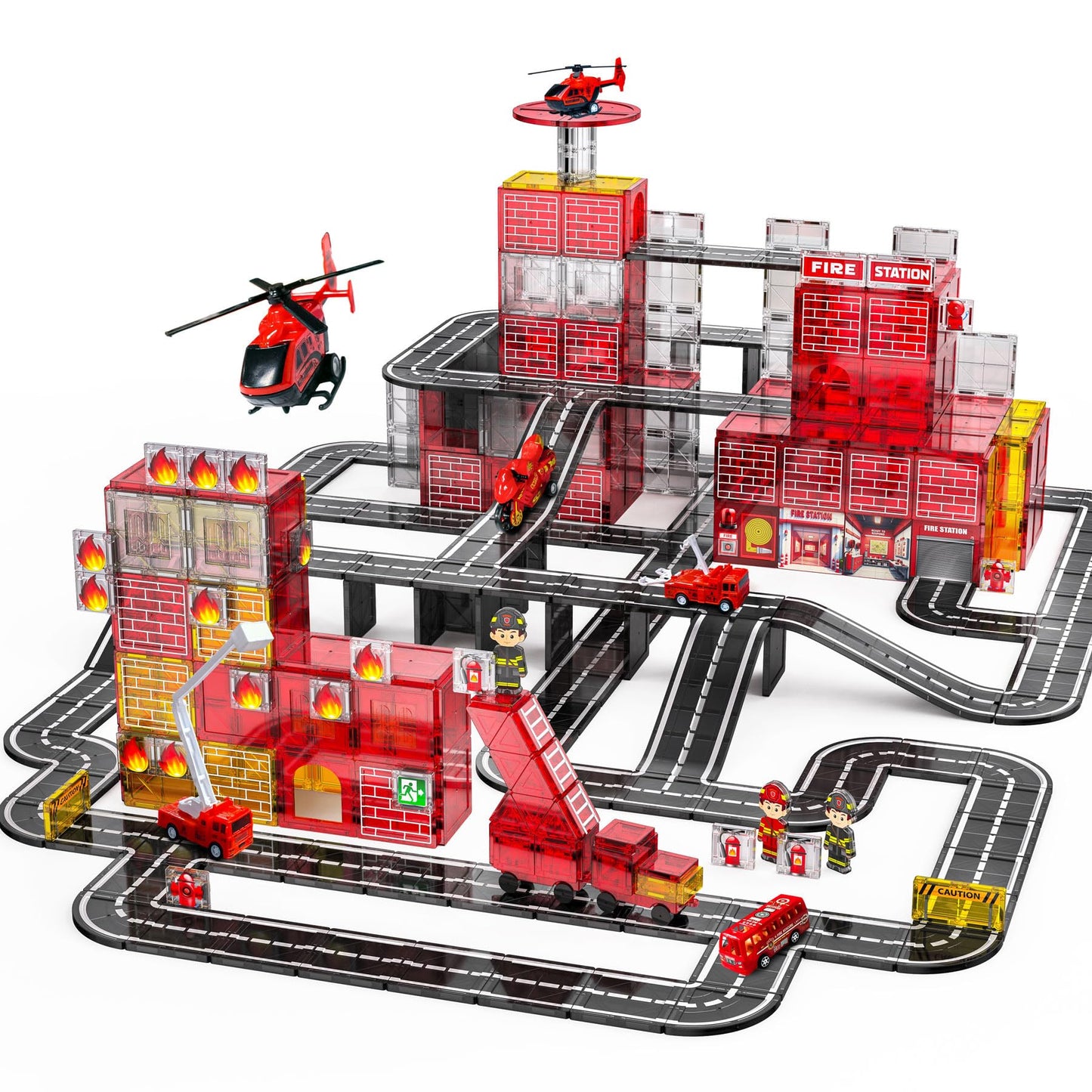 SKTMYY 141PCS Fire Rescue Magnetic Tiles – Fire Station & Vehicles STEM Building Toys for Kids 4-8
