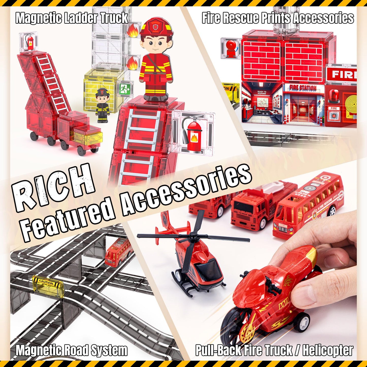 SKTMYY 141PCS Fire Rescue Magnetic Tiles – Fire Station & Vehicles STEM Building Toys for Kids 4-8