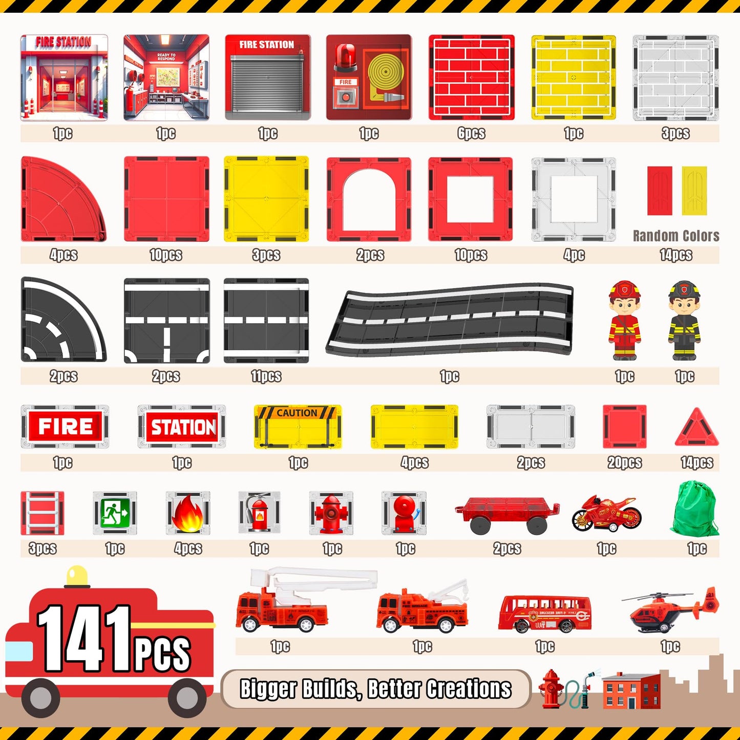 SKTMYY 141PCS Fire Rescue Magnetic Tiles – Fire Station & Vehicles STEM Building Toys for Kids 4-8