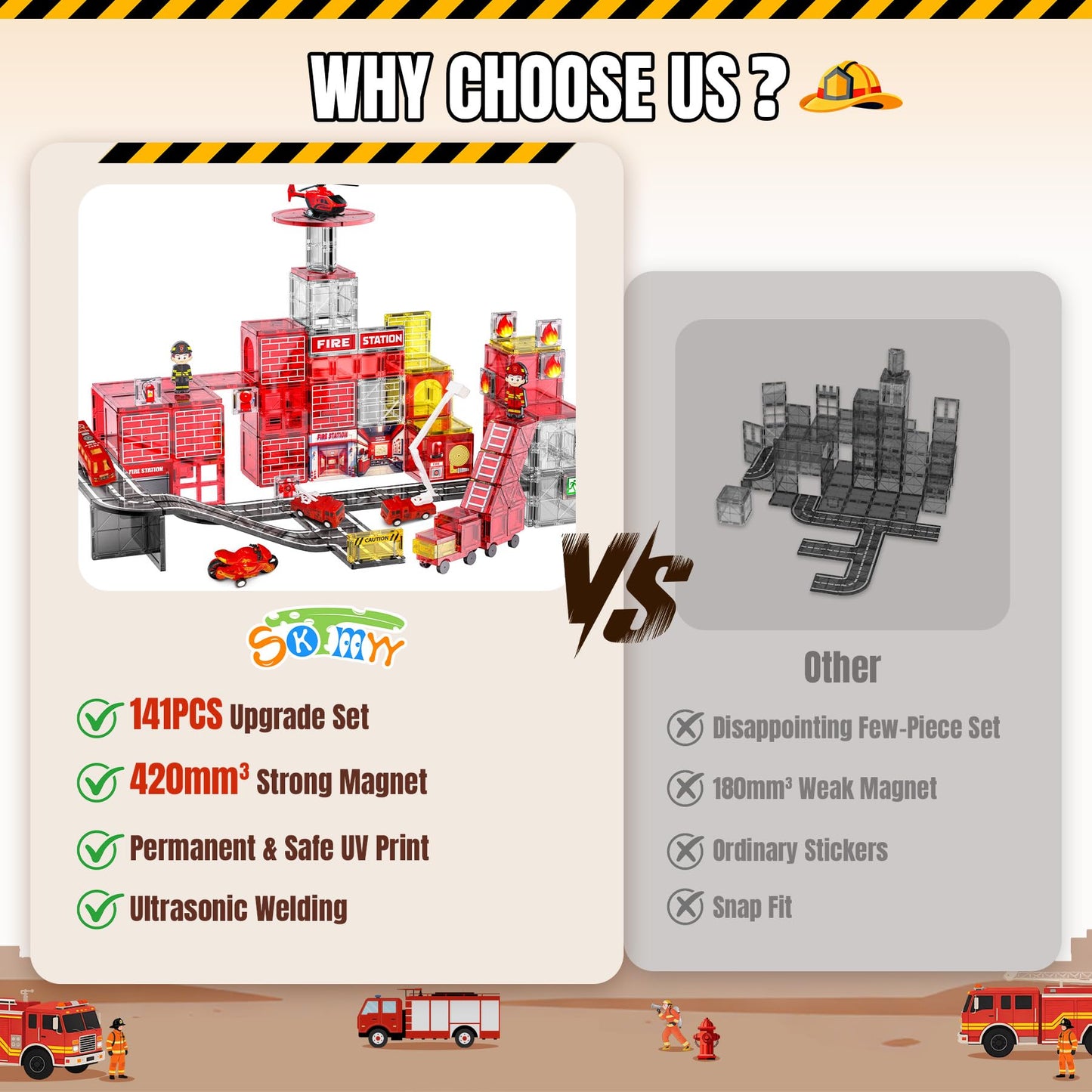 SKTMYY 141PCS Fire Rescue Magnetic Tiles – Fire Station & Vehicles STEM Building Toys for Kids 4-8