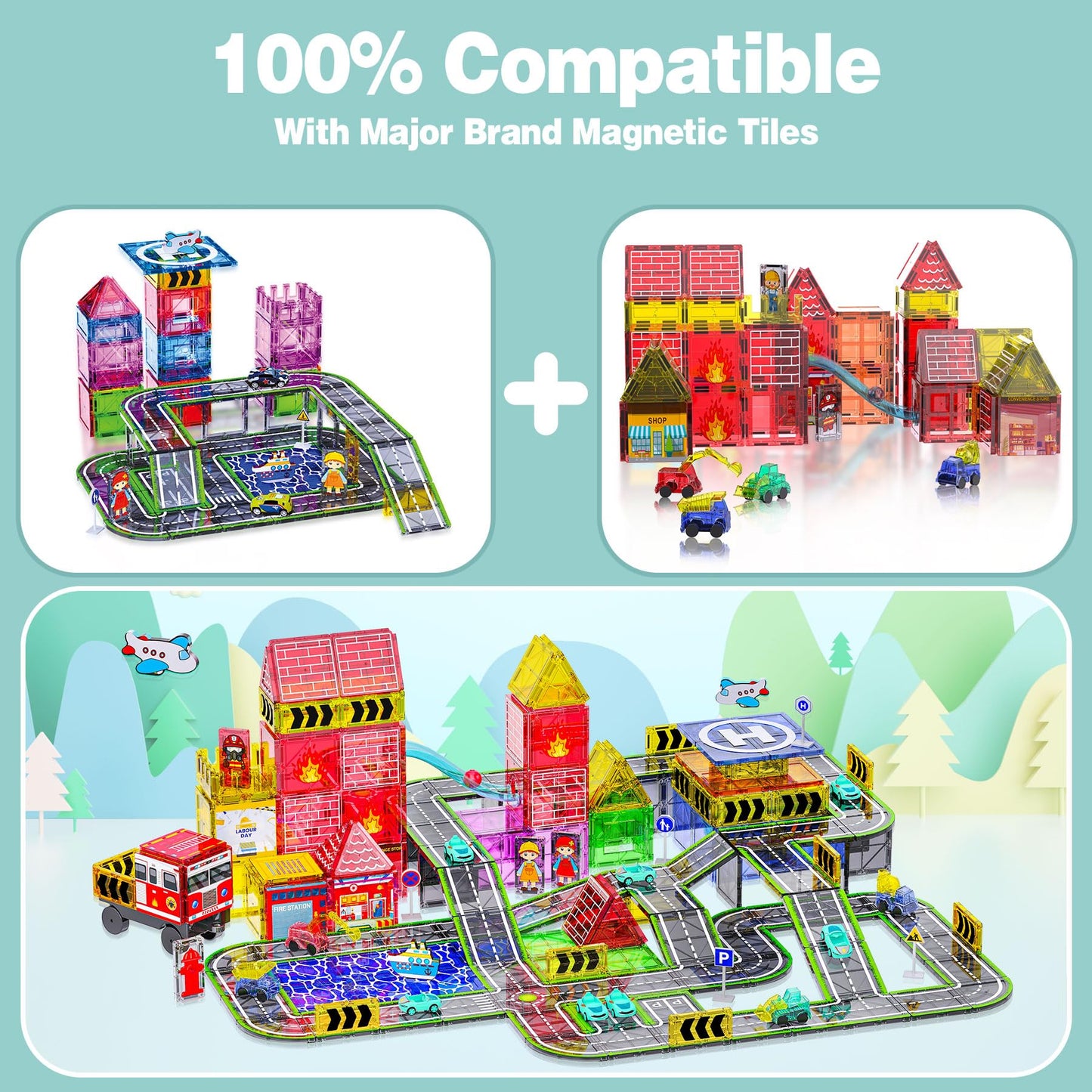 SKTMYY 121PCS Magnetic Tiles Road Set with Pullback Cars | STEM Building Toys for Kids 3-8