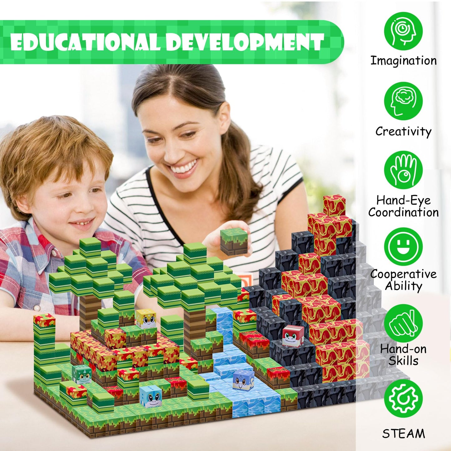 SKTMYY Magnetic Blocks: Volcano & Dinosaur STEM Building Toys for Ages 4-8
