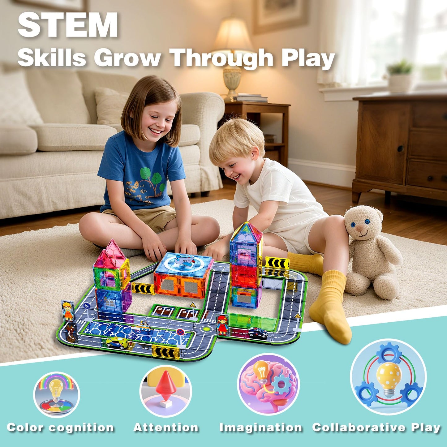 SKTMYY 121PCS Magnetic Tiles Road Set with Pullback Cars | STEM Building Toys for Kids 3-8