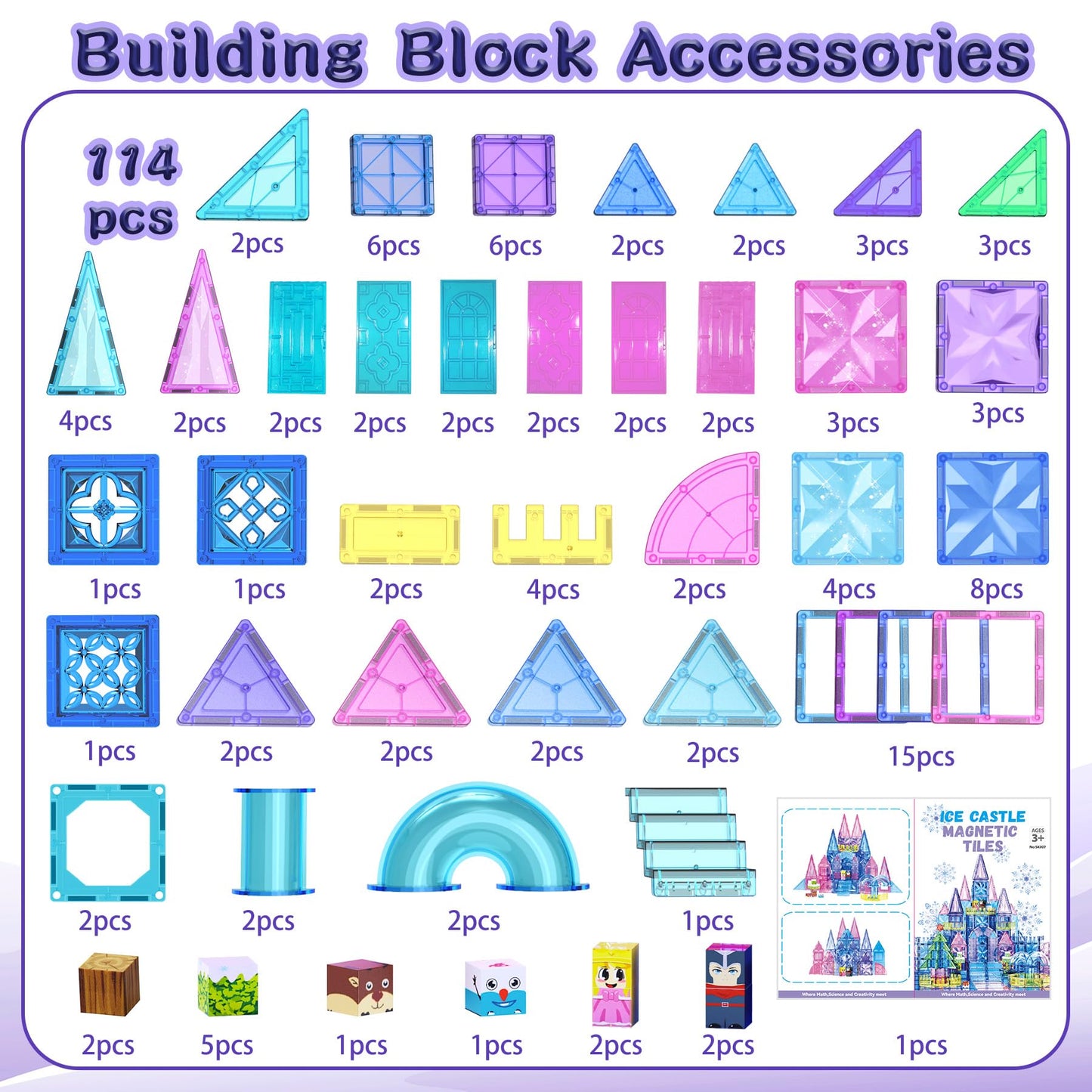SKTMYY Magnetic Tiles – 114pcs Ice Castle 3D Diamond Princess STEM Toy (Ages 3-8)