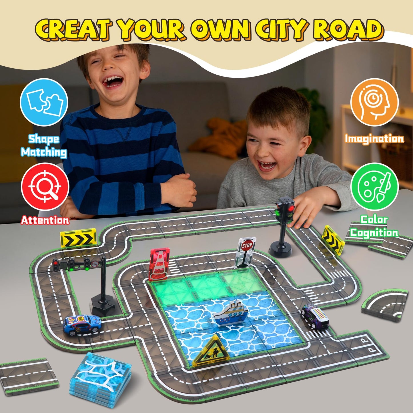 SKTMYY Magnetic Tiles Road Set with Pullback Car & Magnet Ship – Traffic Themed STEM Tile Kit