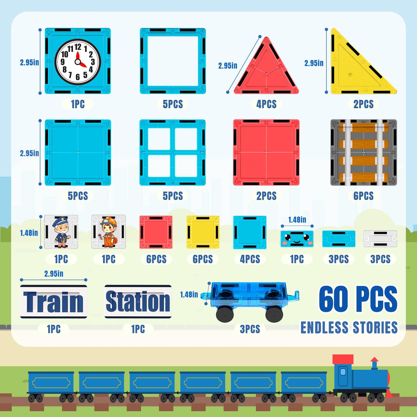 SKTMYY Magnetic Tiles Train Toys – STEM Train Station Set for Kids 4-8