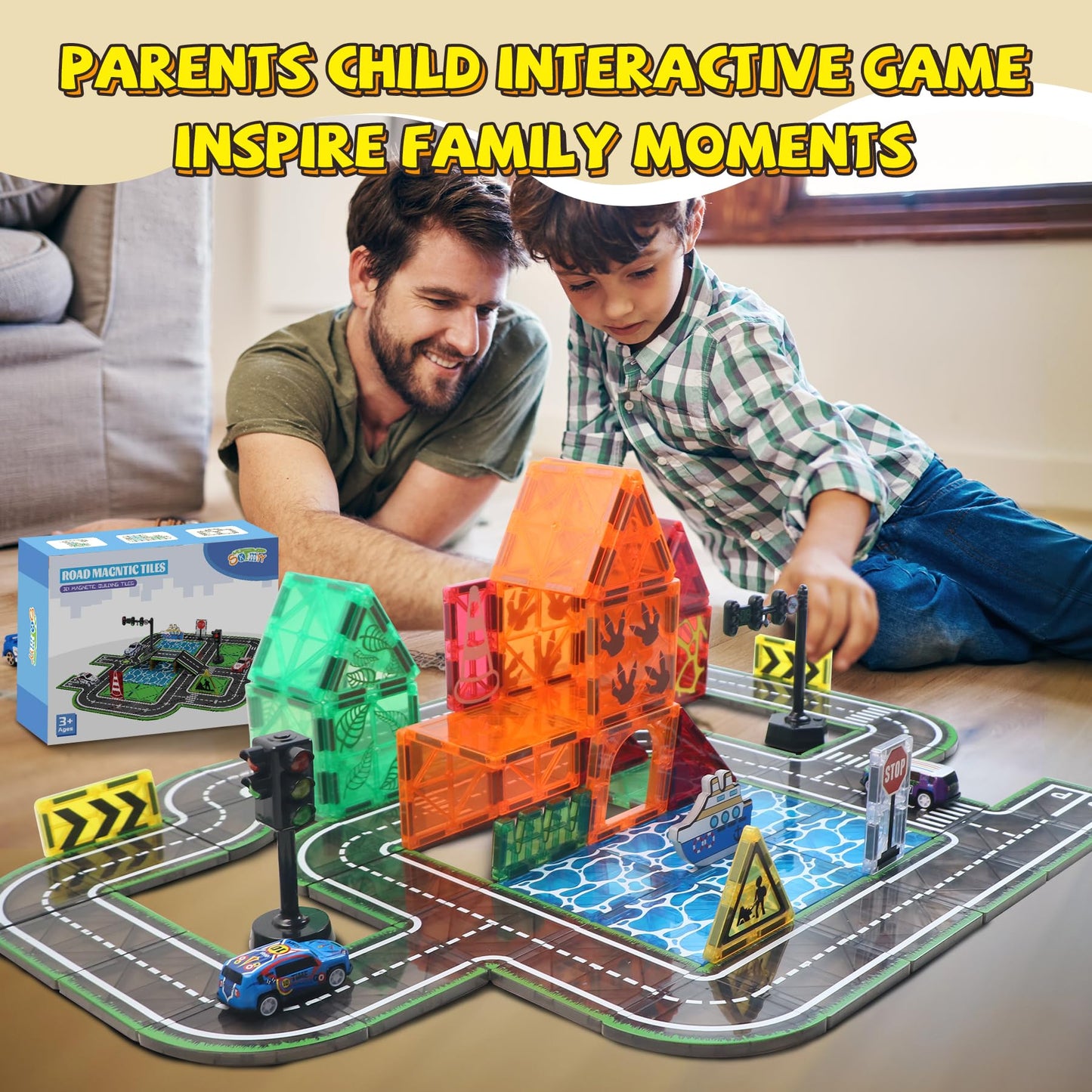 SKTMYY Magnetic Tiles Road Set with Pullback Car & Magnet Ship – Traffic Themed STEM Tile Kit