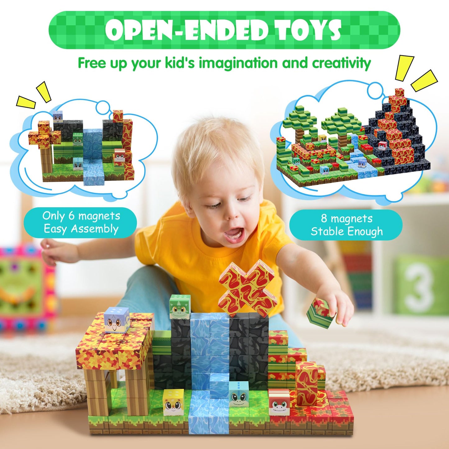 SKTMYY Magnetic Blocks: Volcano & Dinosaur STEM Building Toys for Ages 4-8