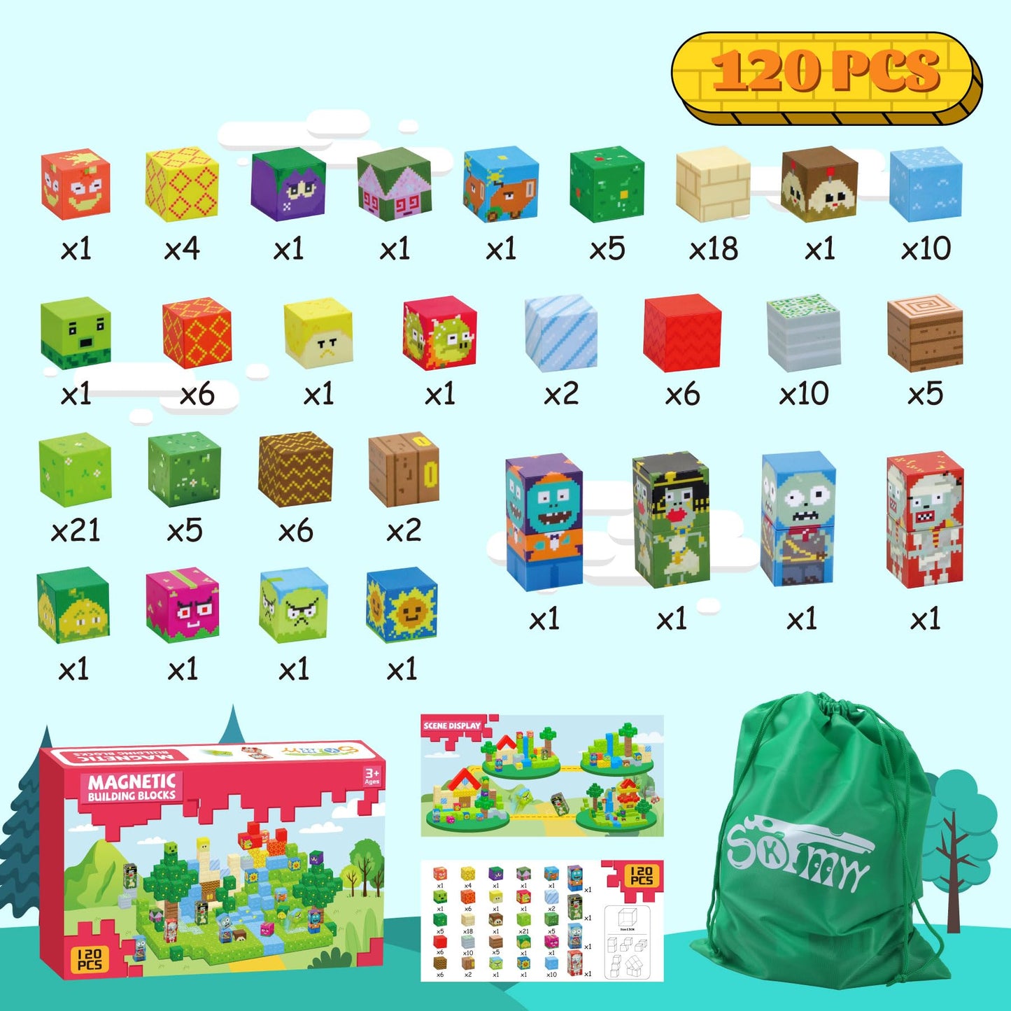 SKTMYY Magnetic Blocks 120pcs – STEM Building Toys for Kids Aged 3-8