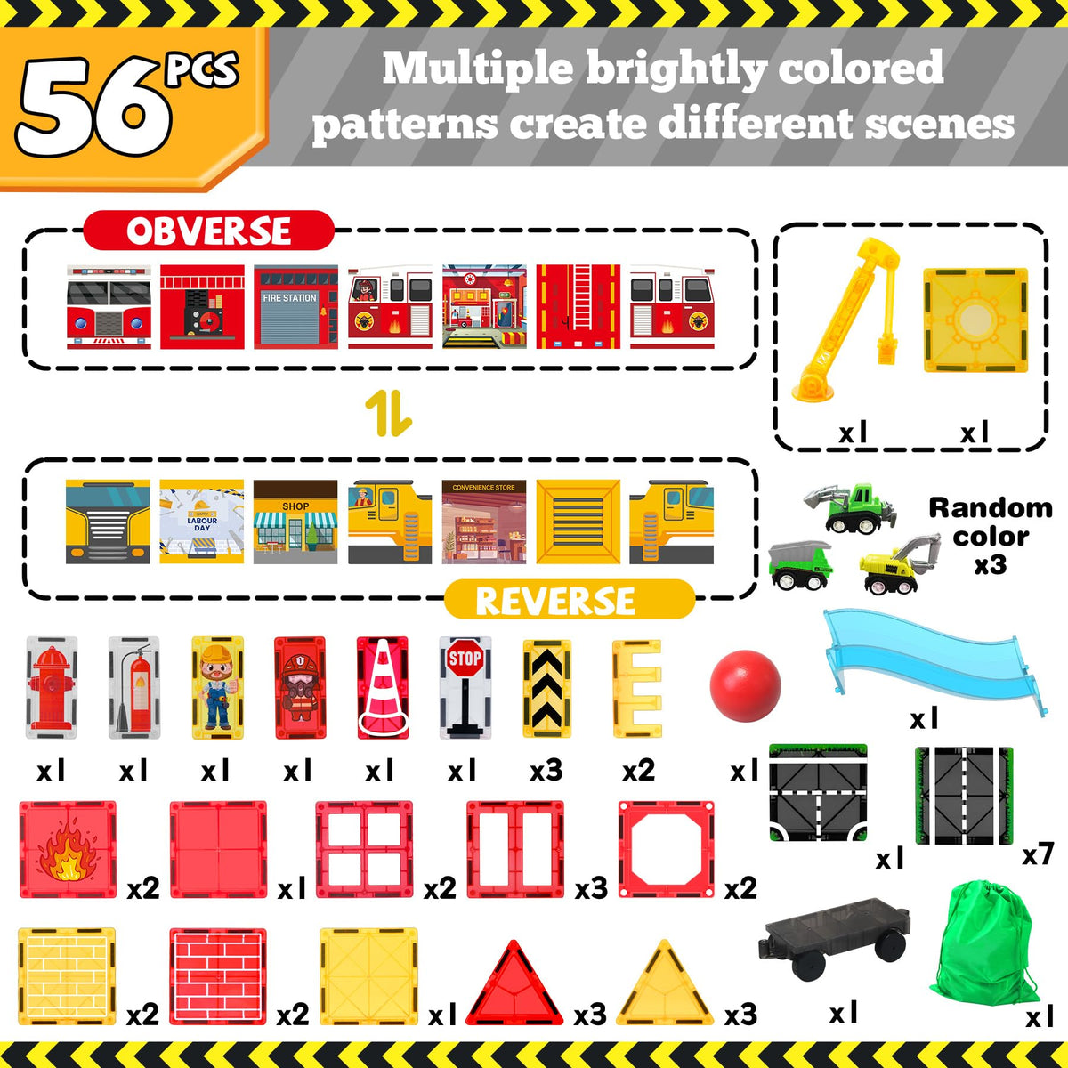 SKTMYY Magnetic Tiles – 56-Piece Fire Truck & Station STEM Set for Kids 4-8