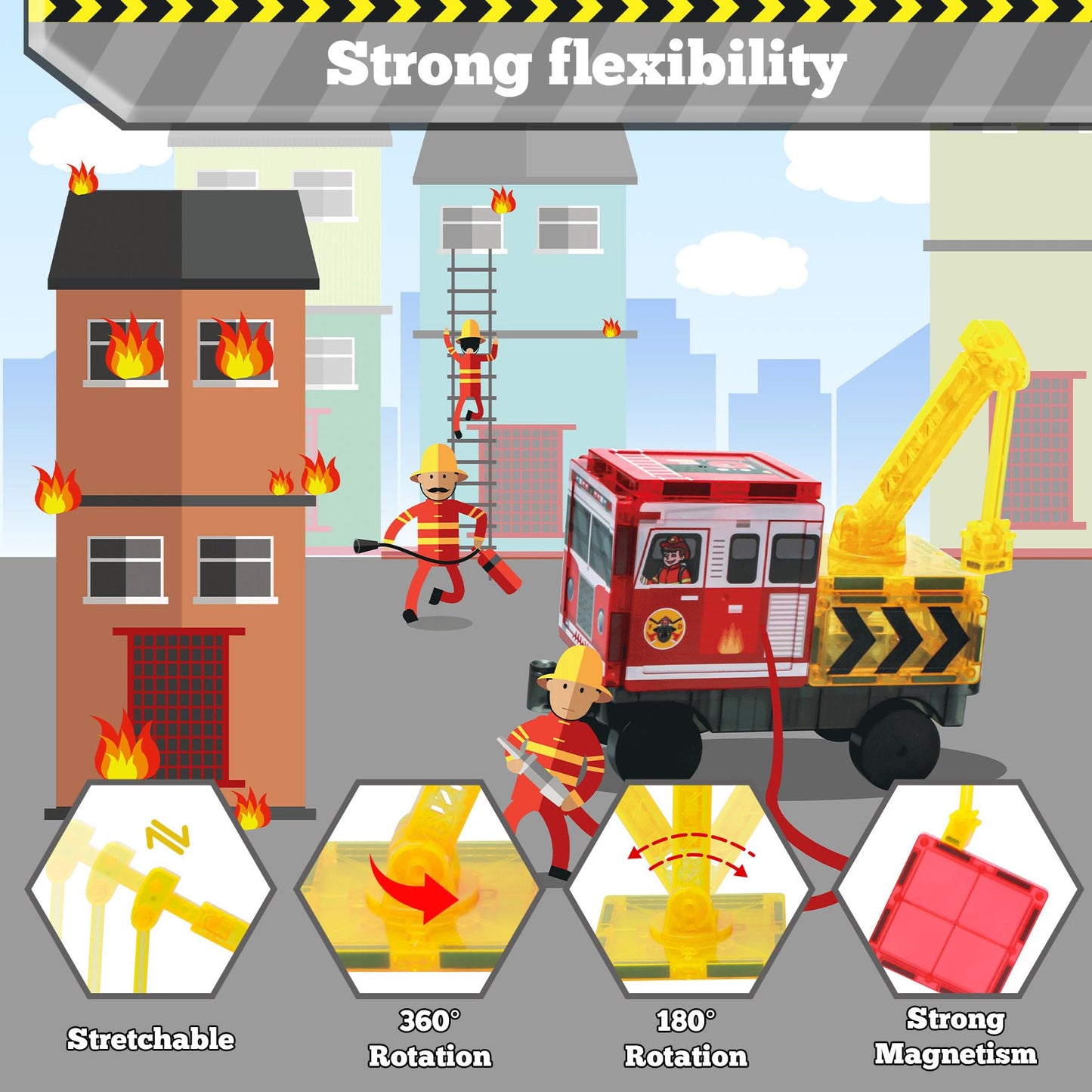 SKTMYY Magnetic Tiles – 56-Piece Fire Truck & Station STEM Set for Kids 4-8