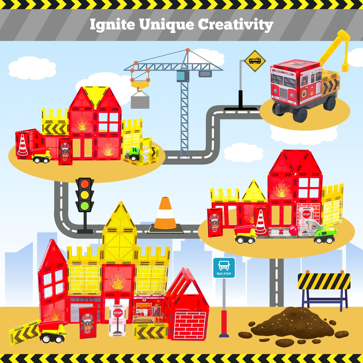 SKTMYY Magnetic Tiles – 56-Piece Fire Truck & Station STEM Set for Kids 4-8