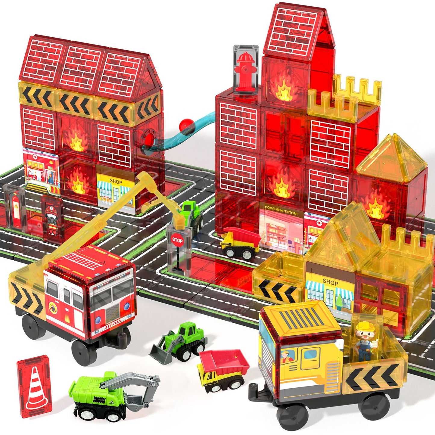 SKTMYY Magnetic Tiles – 56-Piece Fire Truck & Station STEM Set for Kids 4-8