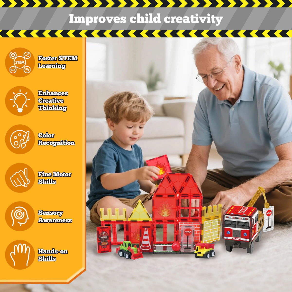 SKTMYY Magnetic Tiles – 56-Piece Fire Truck & Station STEM Set for Kids 4-8