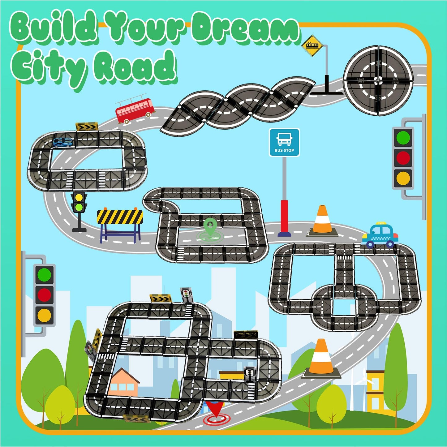 SKTMYY Magnetic Tiles Road Set with Pullback Car – STEM Building Tiles for Kids 4-8