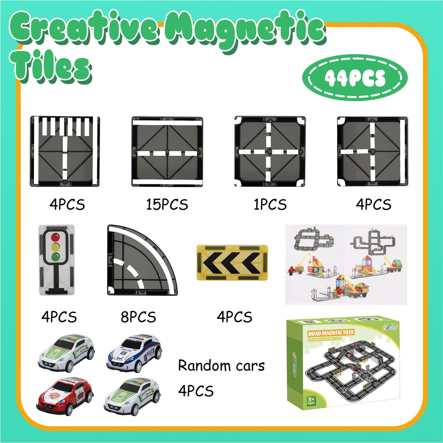 SKTMYY Magnetic Tiles Road Set with Pullback Car – STEM Building Tiles for Kids 4-8