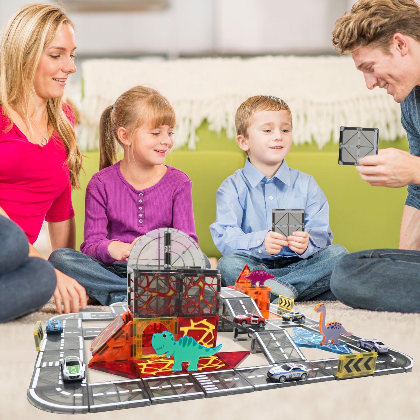SKTMYY Magnetic Tiles Road Set with Pullback Car – STEM Building Tiles for Kids 4-8