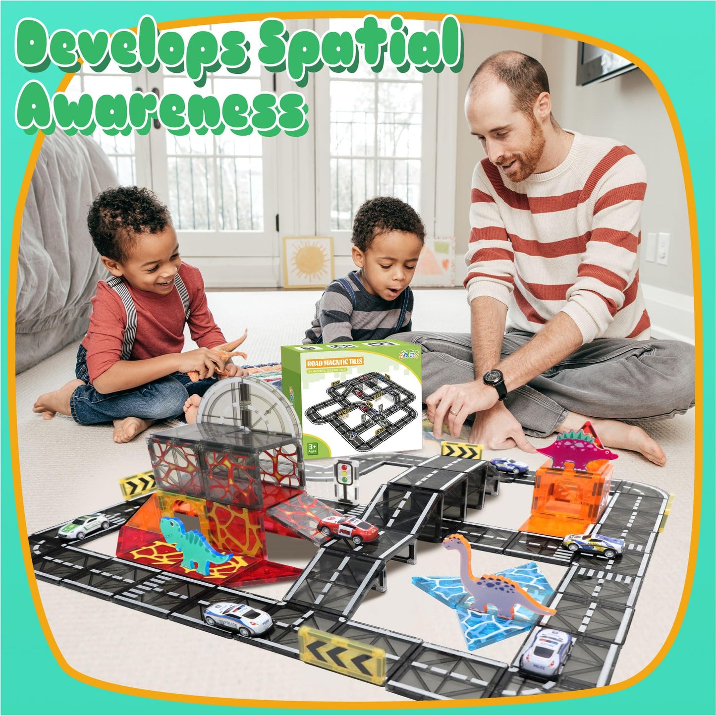 SKTMYY Magnetic Tiles Road Set with Pullback Car – STEM Building Tiles for Kids 4-8