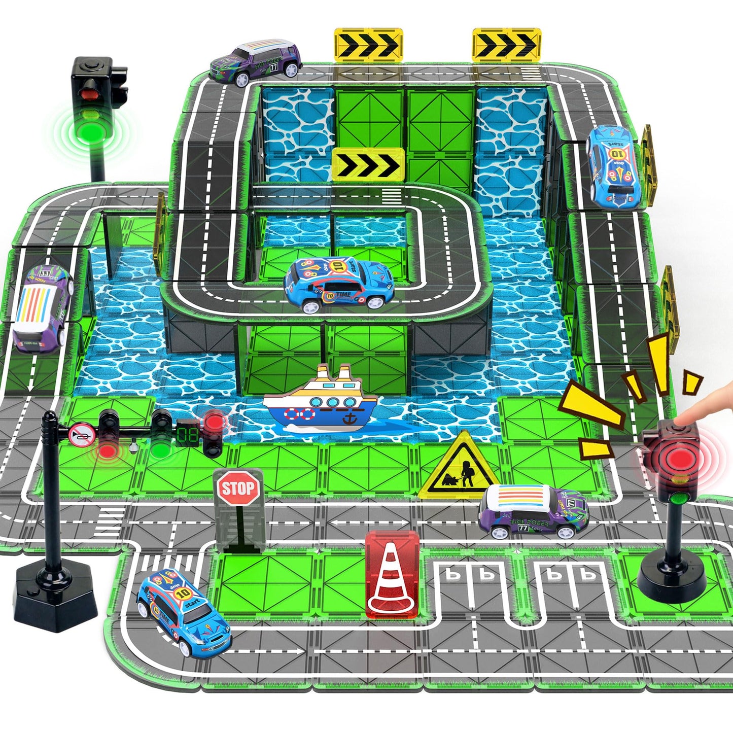 SKTMYY Magnetic Tiles Road Set with Pullback Car & Magnet Ship – Traffic Themed STEM Tile Kit