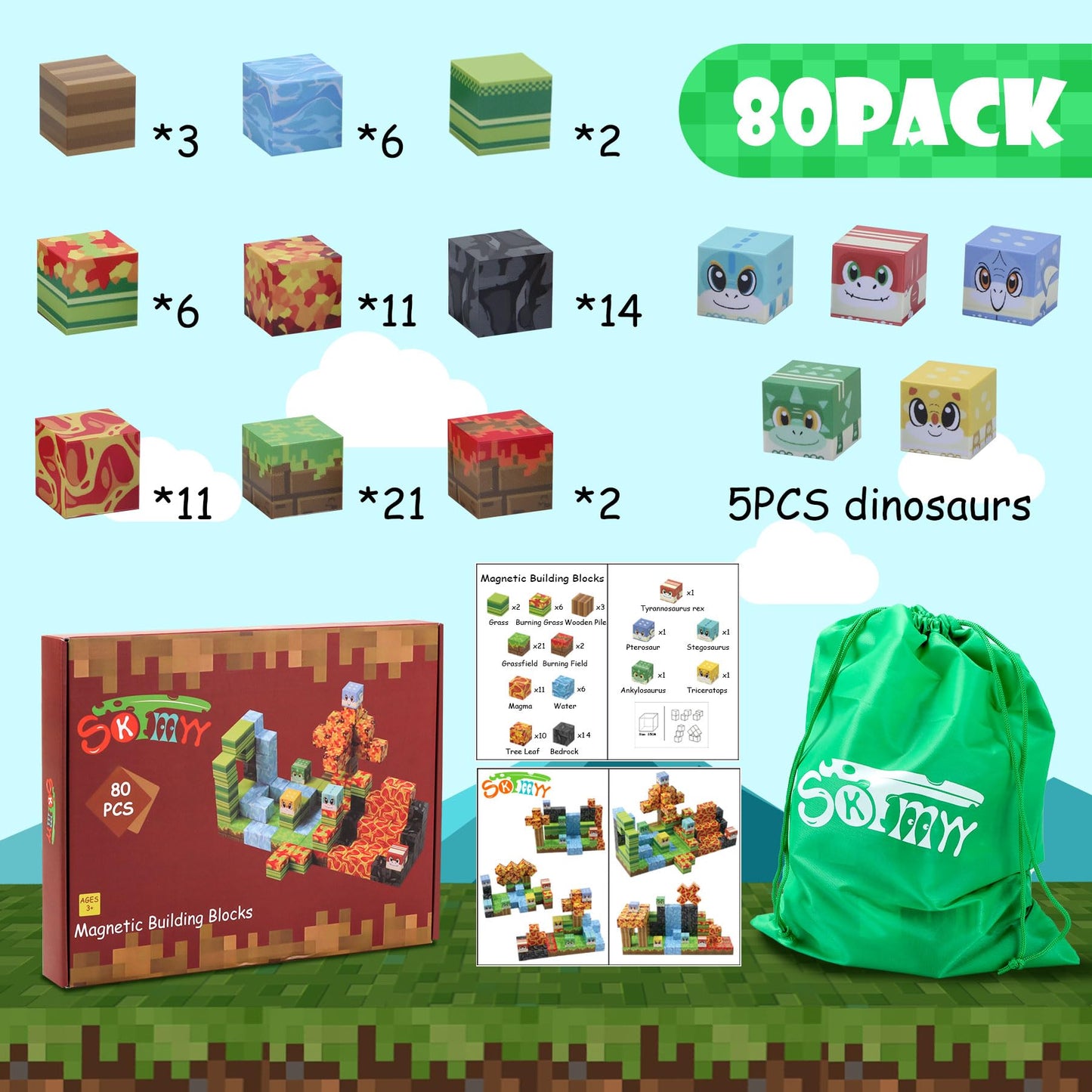 SKTMYY Magnetic Blocks: Volcano & Dinosaur STEM Building Toys for Ages 4-8